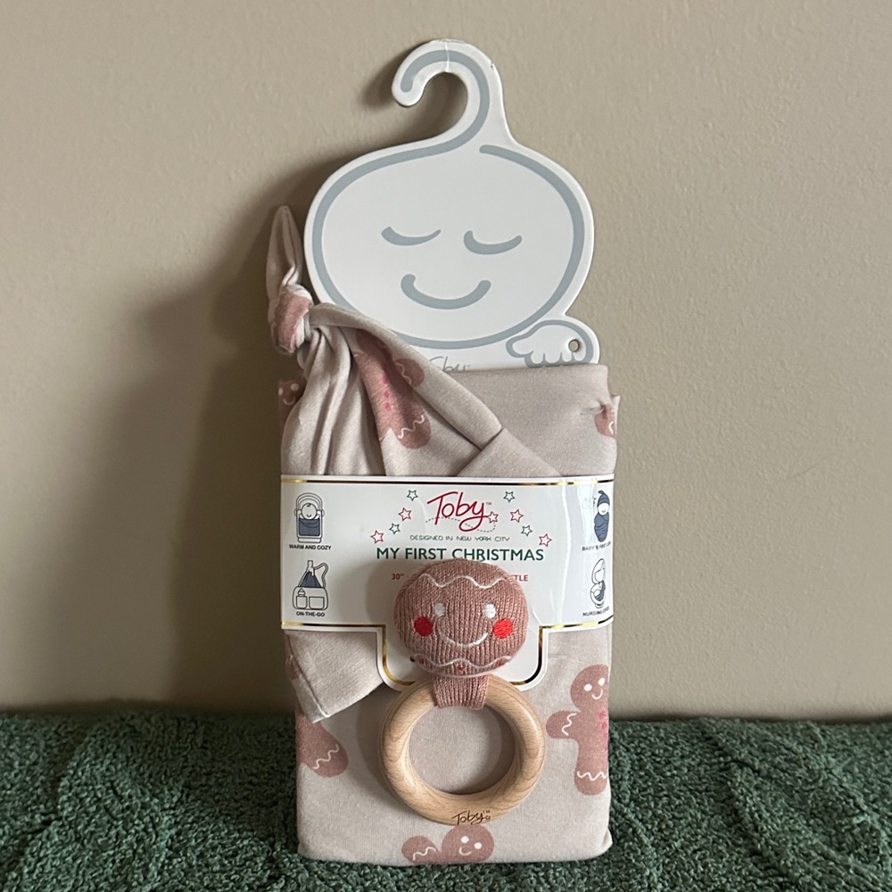Toby My First Christmas Baby Blanket Hat & Rattle Gingerbread NEW!